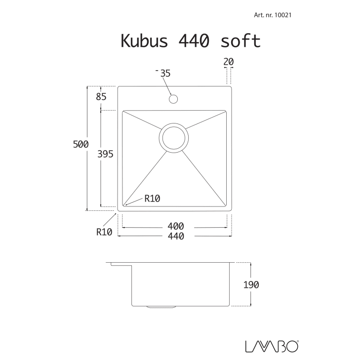 Lavabo Kubus 440 Soft diskbänk, 44x50 cm, rostfritt stål