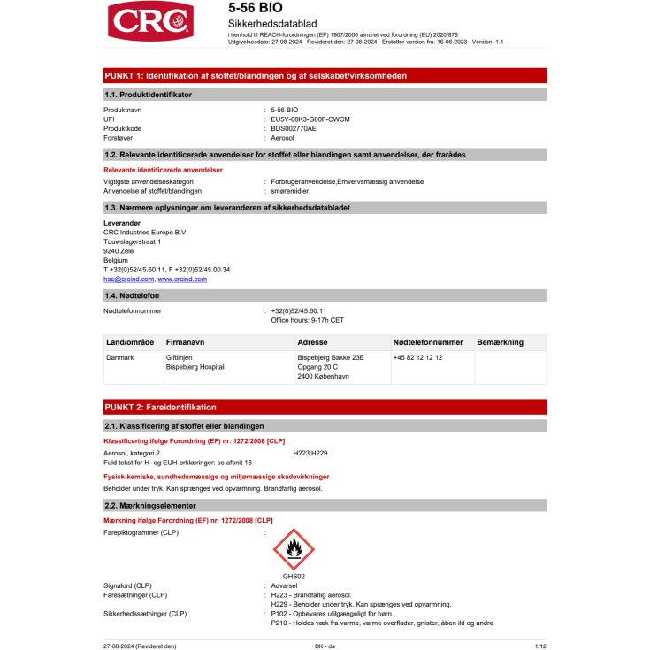 12 stk CRC smøremiddel 5-56 BIO, multifunksjonell olje, aerosol, 400 ml