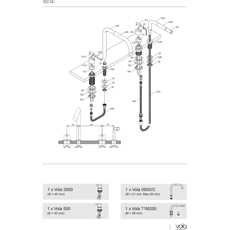 Vola SC10 kararmatur med brusesæt, børstet krom