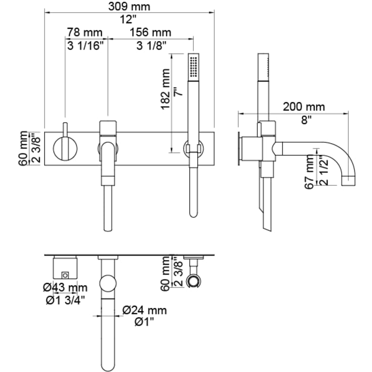 Vola 2143DT8 badekarbatteri, 200 mm tut, m/hånddusj, børstet krom