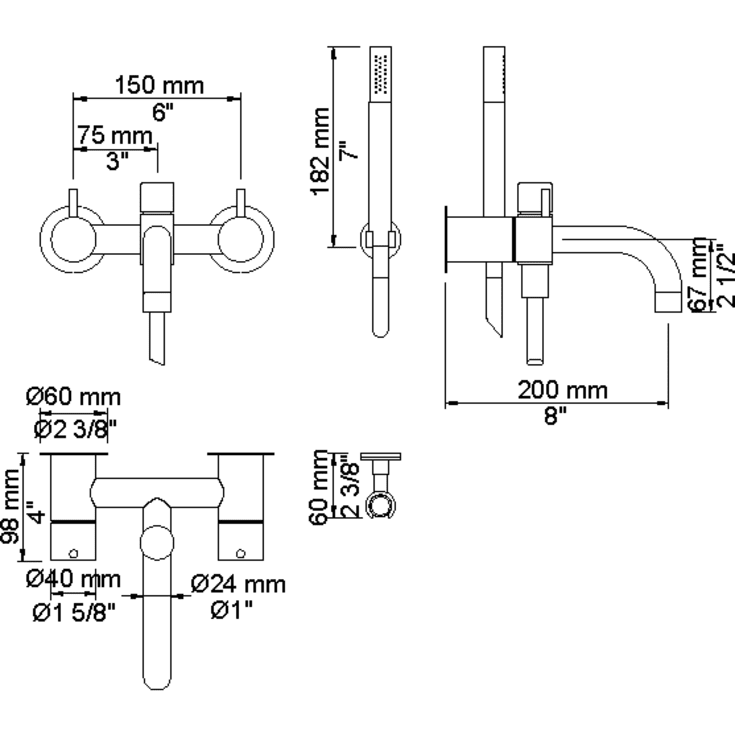 Vola 1641T8 kararmatur med brusesæt, krom