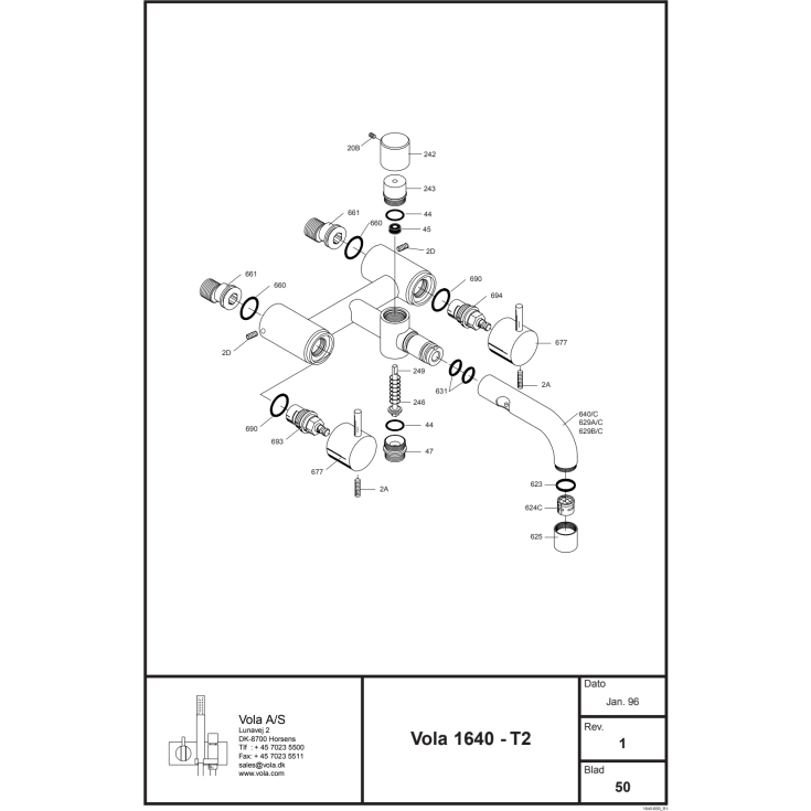 Vola 1641T8 badkarsblandare med duschset, krom