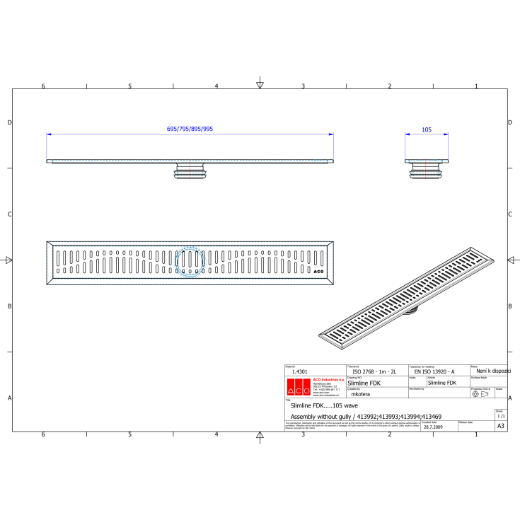 Aco Showerdrain afløbsarmatur, 895 mm, langs væg, guld