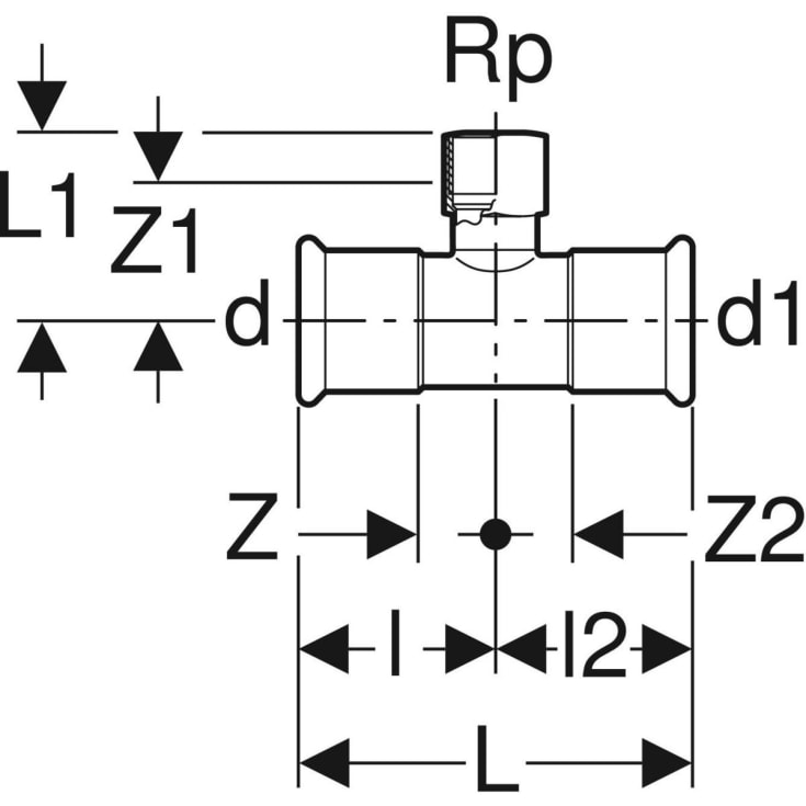 Geberit Mapress T-rør, 28 x 1/2" x 28 mm