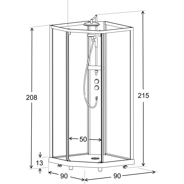 Contura Shower Showerama brusekabine-pakke, 90x90 cm, børstet aluminiums profil, klart/frostet glas