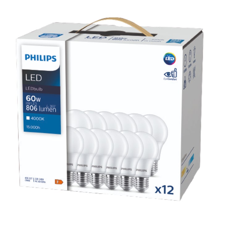 Philips E27 standardpære, 4000K, 8W, 12-pak
