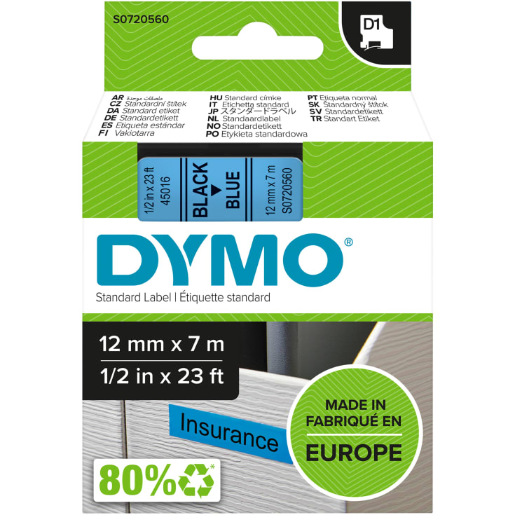 5 stk DYMO® Standard D1 tape, 12 mm, sort på blå