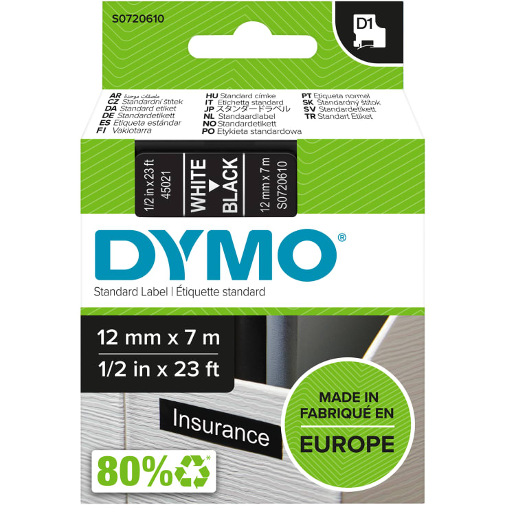 5 st DYMO® Standard D1-tejp, 12 mm, vit på svart