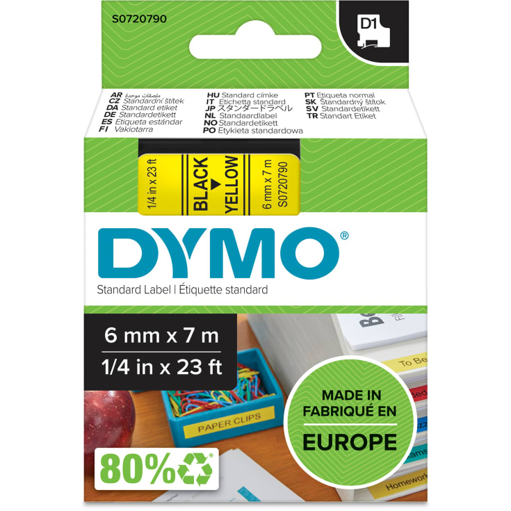 5 stk DYMO® Standard D1 tape, 6 mm, sort på gul