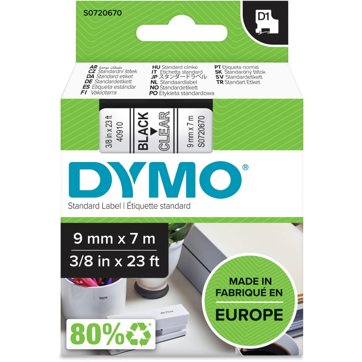 5 stk DYMO® Standard D1 tape, 9 mm, sort på klar