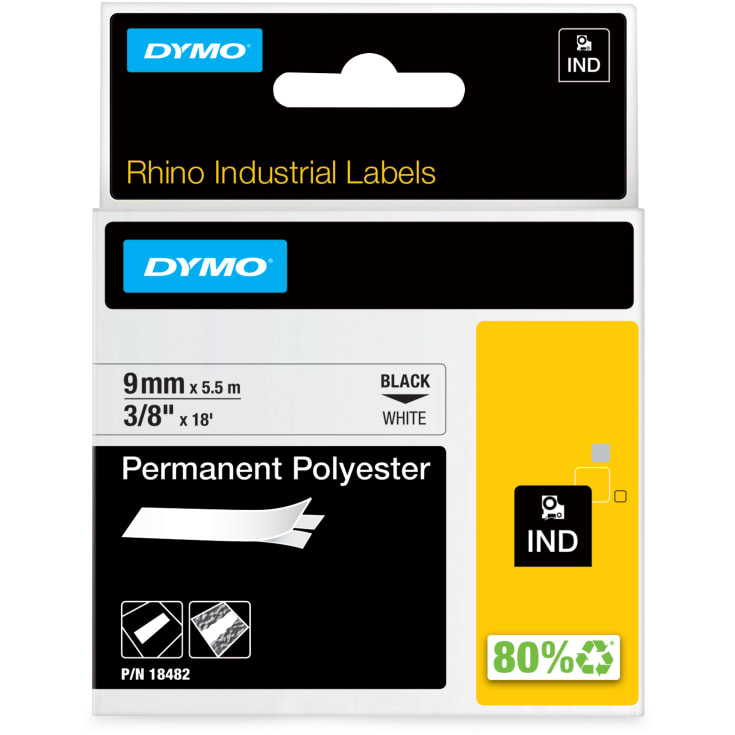 5 st DYMO® Rhino tejp, permanent polyester, 9 mm, svart på vitt
