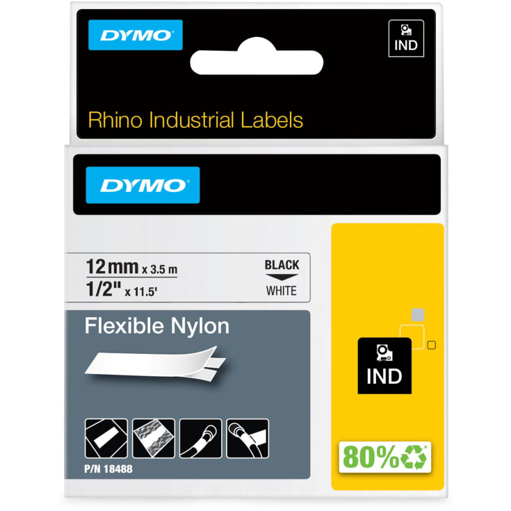 DYMO® Rhino tejp, flexibel nylon, 12 mm, svart på vitt