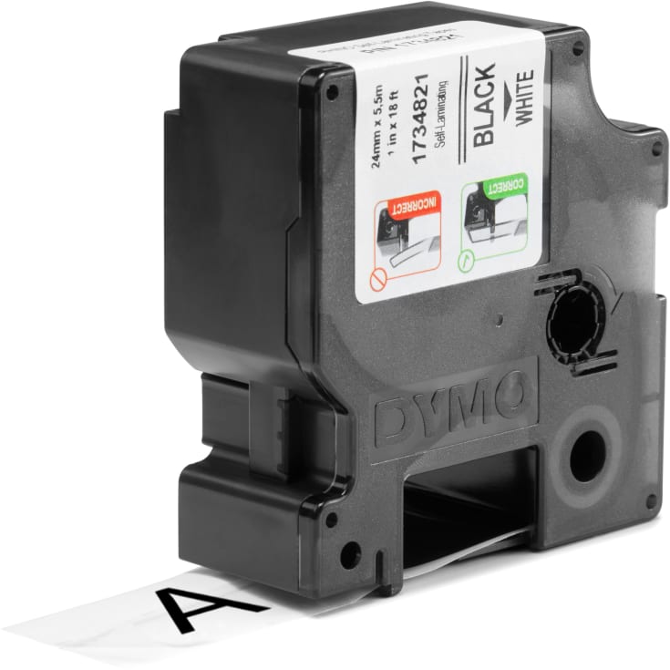 5 stk DYMO® Rhino tape, selv-laminerende, 24 mm, sort på hvid