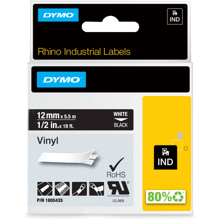 DYMO® Rhino tejp, vinyl, 12 mm x 5,5 m, vitt på svart