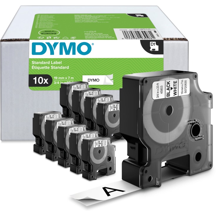DYMO® Standard D1 tape, 19 mm, sort på hvid, 10 ruller