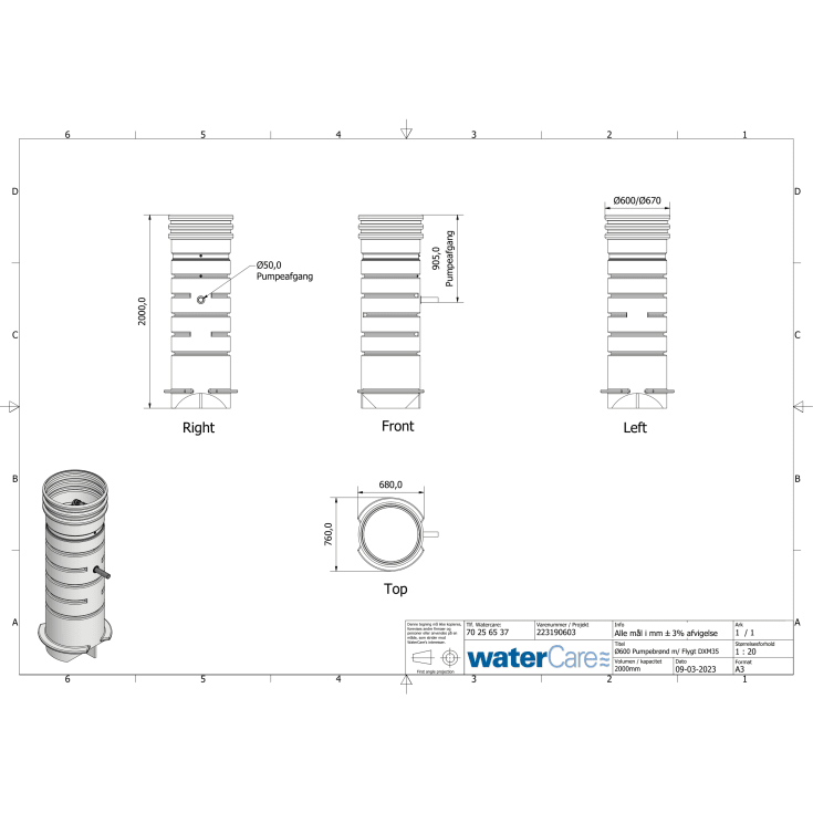 WaterCare 600 x 2000 x 50 mm PE-pumpebrønd til gråt med DXM35-5