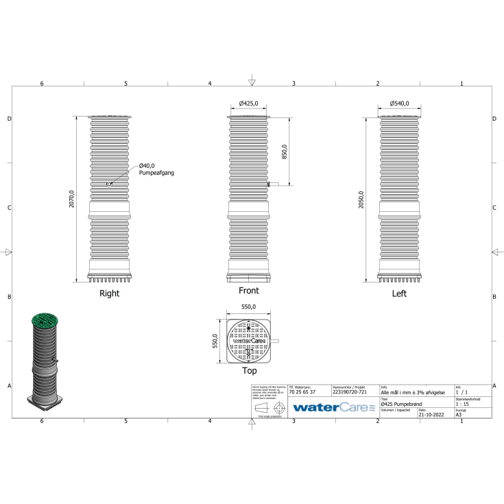 Watercare pumpebrønd med Flygt pumpe 425x2000 mm, til dræn