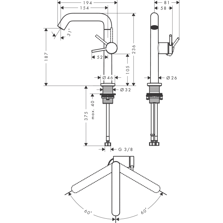 Hansgrohe Tecturis S Fine 210 håndvaskarmatur, krom