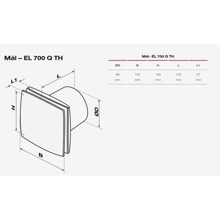 Duka EL 700Q TH baderomsvifte, fuktstyring, timer, Ø100mm, børstet stål