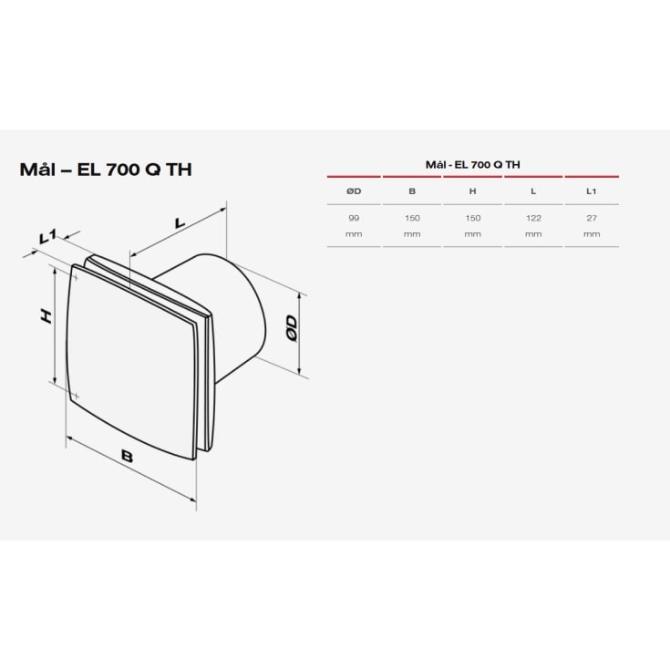 Duka EL 700Q TH badventilator, fugtstyring, timer, Ø100 mm, hvid