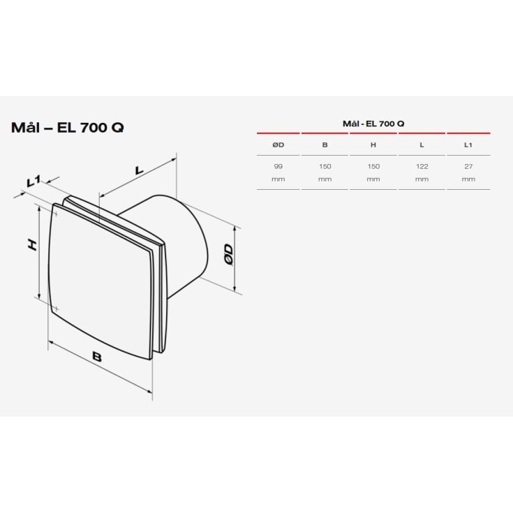 Duka EL 700Q badventilator, Ø100 mm, børstet stål