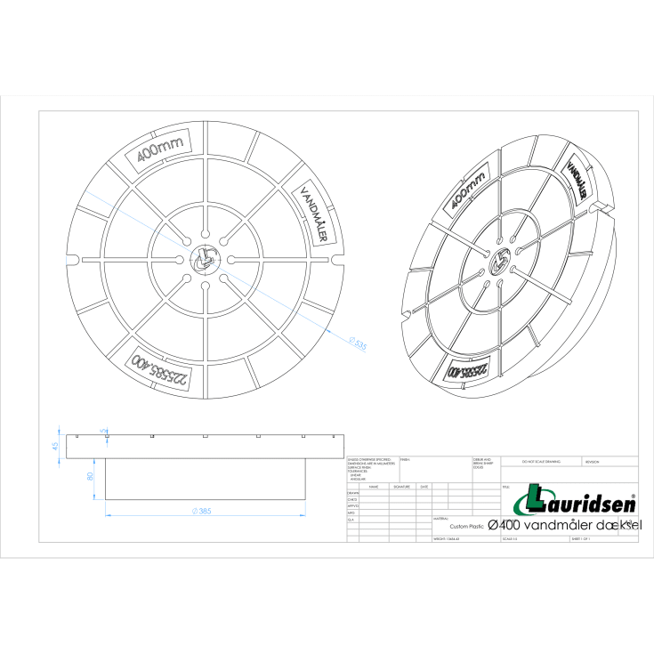 Lauridsen vandmålerdæksel, isoleret, Ø425 mm, 1 ton, plast