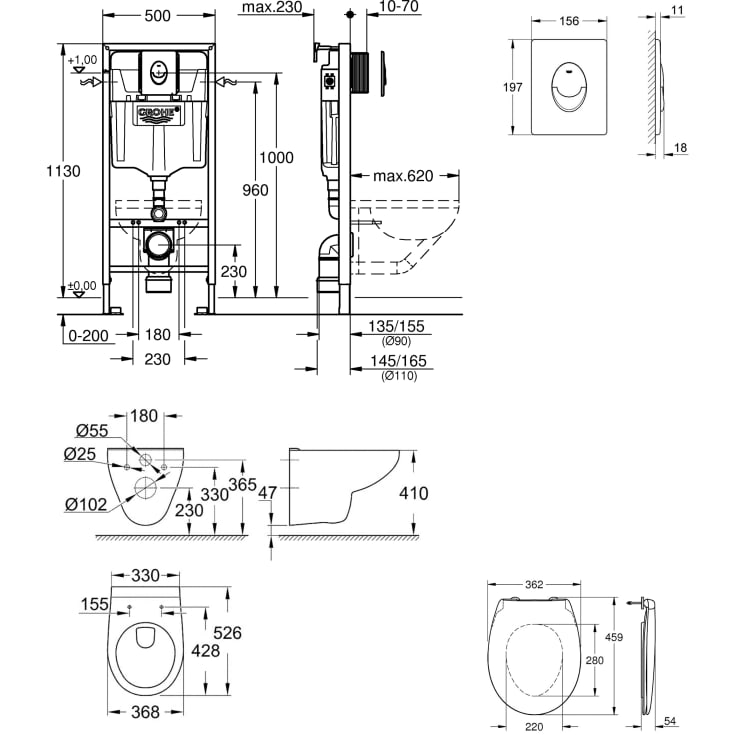 Grohe Bau vegghengt toalettpakke, hvit/krom