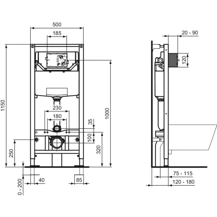 Ideal Standard Prosys indbygningscisterne, 115 cm