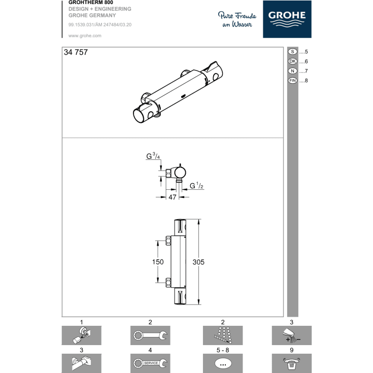 Grohe Grohtherm 800 Nordic brusearmatur, krom