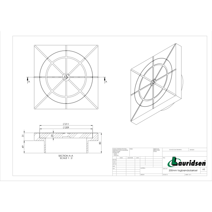 Lauridsen fast karm med dæksel, til Ø200 mm opføringsrør, 250 kg, plast
