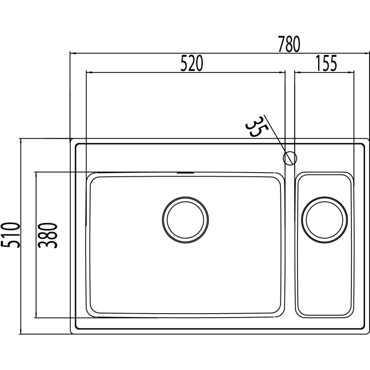 Intra Omnia 78SXHLF køkkenvask, 78x51 cm, rustfrit stål