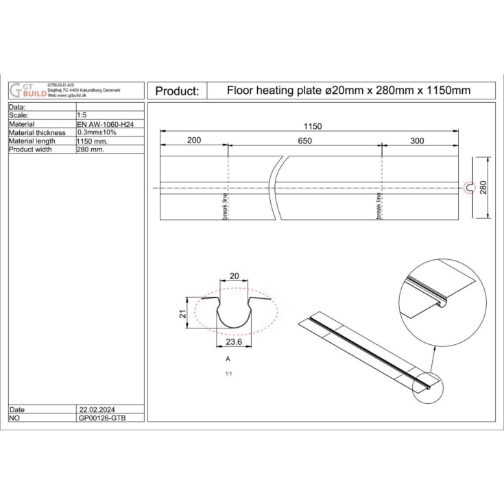 40 stk Gtbuild varmefordelingsplate 1150x280x0,3 mm, 20 mm pex-rør