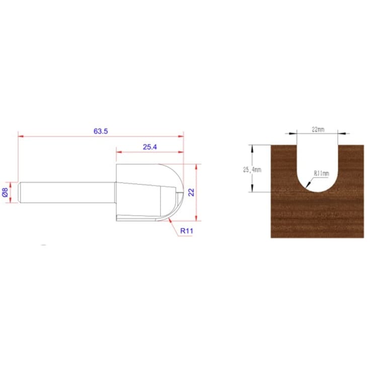 Fresejern, Ø8 mm, for Ø20 mm rør i 25 mm sponplate