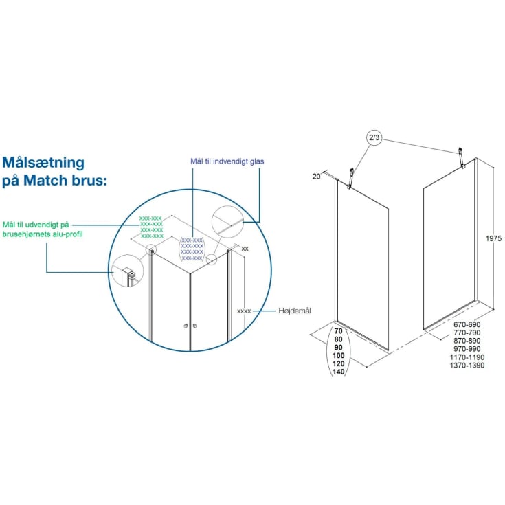 Dansani Match walk in bruseløsning, model D+D, 97 cm, klart glas, sort profil