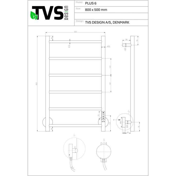 TVS Plus 6 håndklædetørrer, 50x80 cm, sort krom
