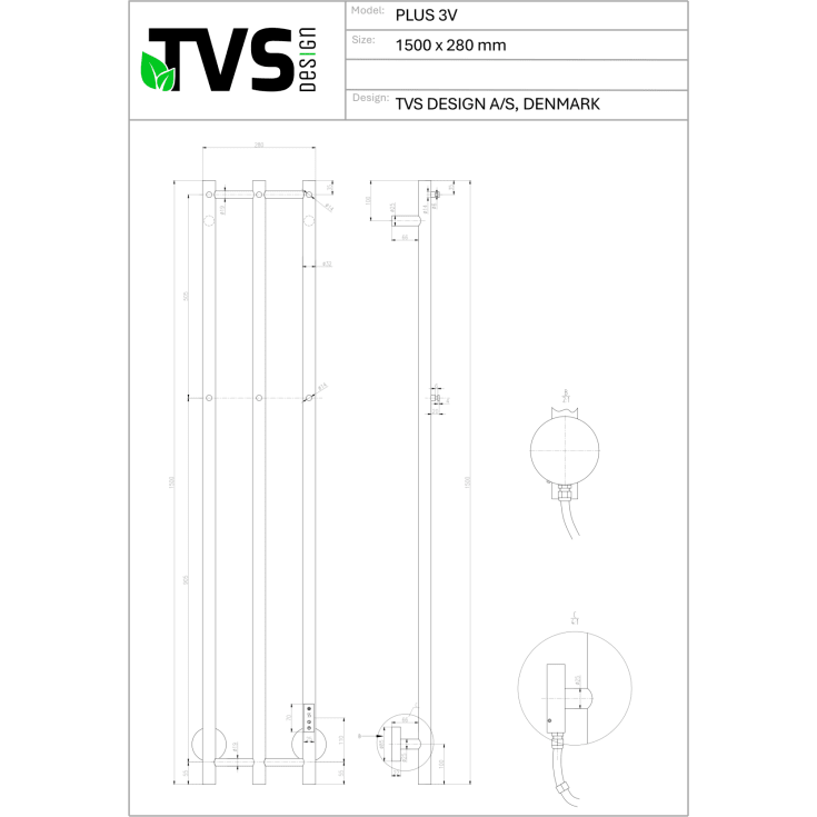 TVS Plus 3 håndklædetørrer, 28x150 cm, poleret guld