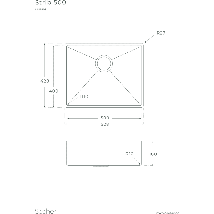 Secher Strib 500 køkkenvask, 52,8x42,8 cm, kobber