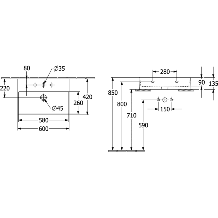 Villeroy & Boch Memento 2.0 håndvask, 60x42 cm, mat grå