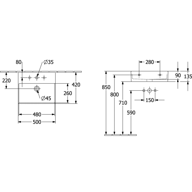 Villeroy & Boch Memento vegghengt servant, 50x42 cm, med CeramicPlus, hvit