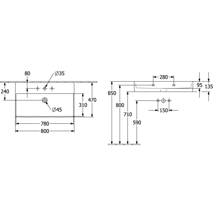 Villeroy & Boch Memento vegghengt servant, 80x47 cm, hvit