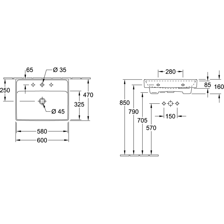 Villeroy & Boch Collaro vegghengt servant, 60x44 cm, hvit