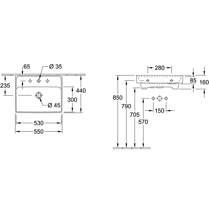 Villeroy & Boch Collaro håndvask, 55x44 cm, mat hvid