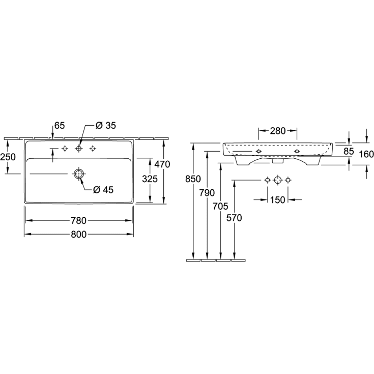 Villeroy & Boch Collaro vegghengt servant, 80x46,5 cm, med CeramicPlus, hvit