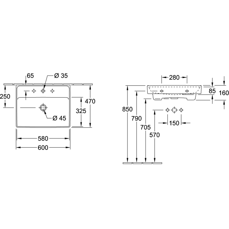 Villeroy & Boch Collaro vegghengt servant, 60x44 cm, med CeramicPlus, hvit