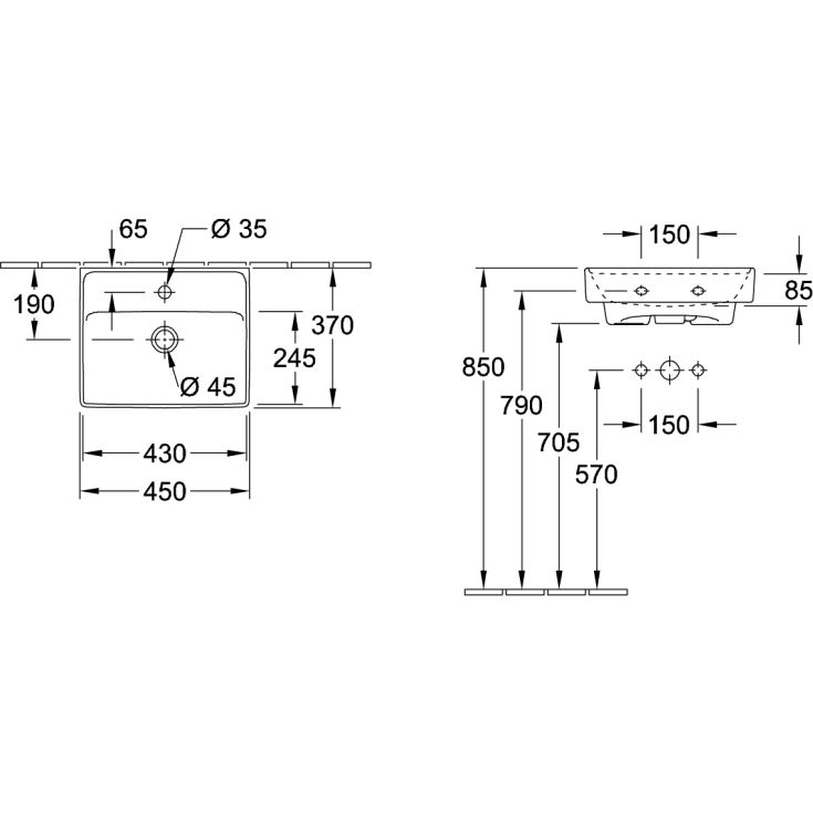 Villeroy & Boch Collaro vegghengt servant, 45x37 cm, hvit