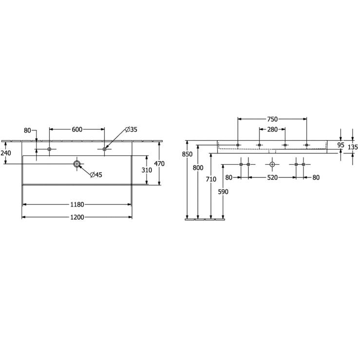 Villeroy & Boch Memento vegghengt servant, 120x47 cm, hvit