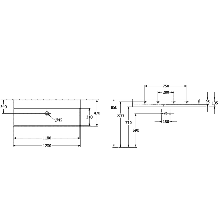 Villeroy & Boch Memento vegghengt servant, 120x47 cm, med CeramicPlus, hvit