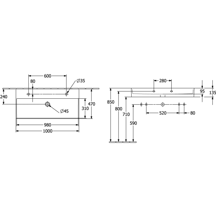 Villeroy & Boch Memento 2.0 håndvask, 100x47 cm, mat grå