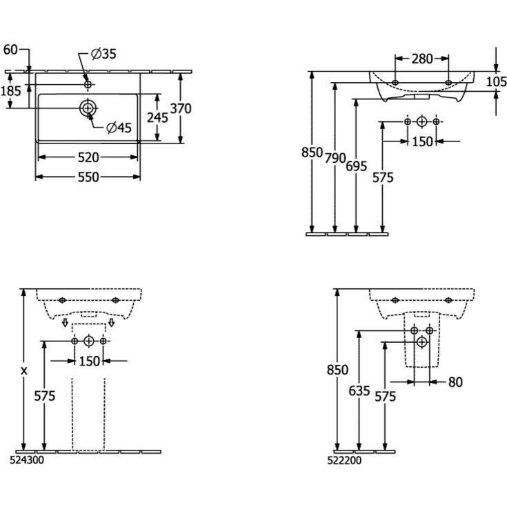 Villeroy & Boch Avento håndvask, 55x37 cm, mat hvid