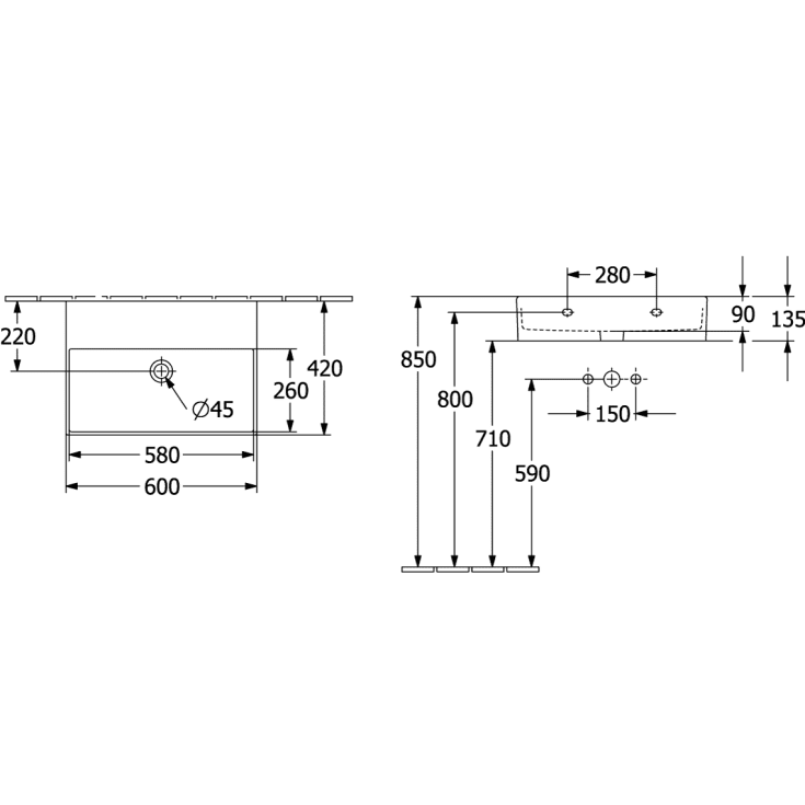 Villeroy & Boch Memento vegghengt servant, 60x42 cm, med CeramicPlus, hvit